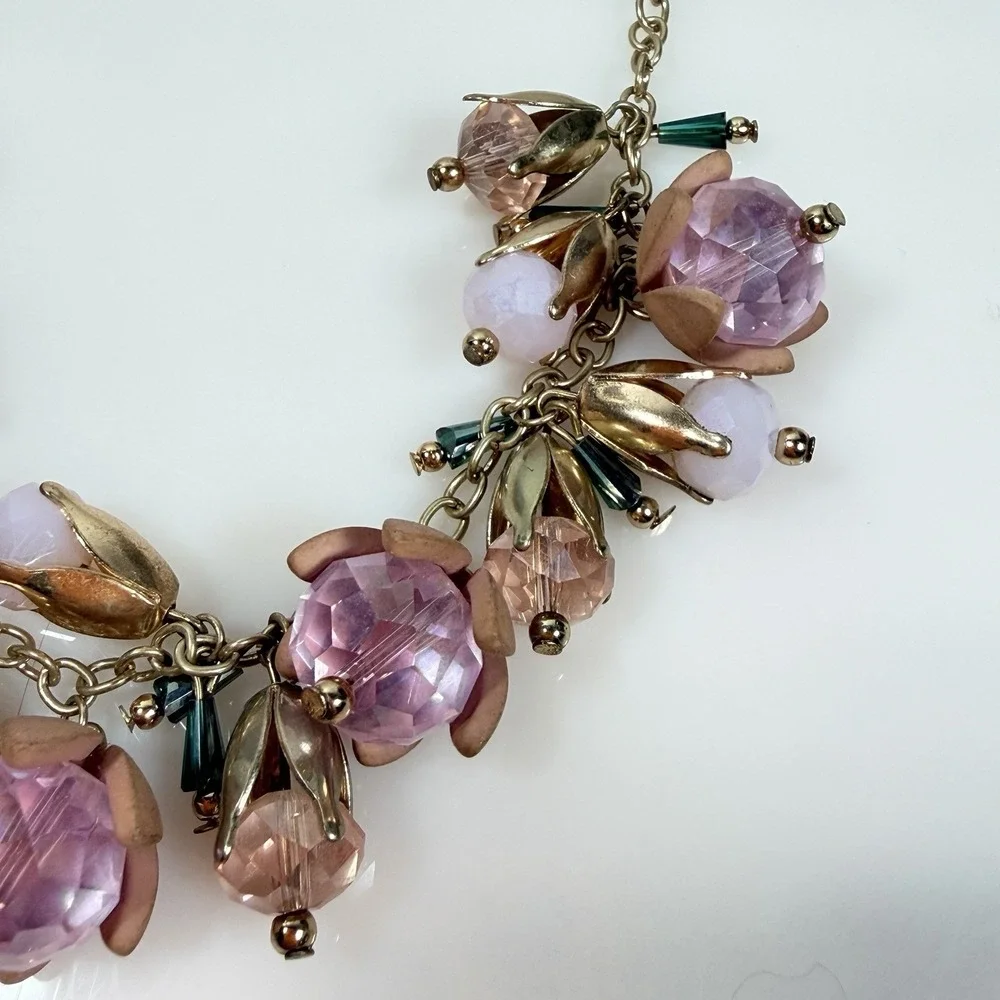 Pink Flower Necklace Glass Dangle Charm Statement Fairycore Adjust 17
